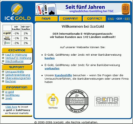Screenshot von Icegold - Einzahlen in E-Gold, Auszahlen aus E-Gold